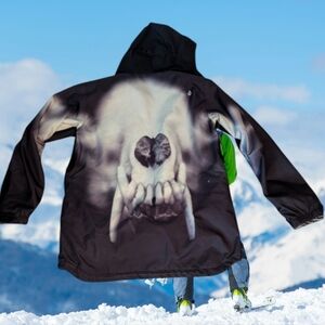 Volcom Black Ski jacket  Hood and Graphic Design grunge. Dark Goth.spooky Sz M